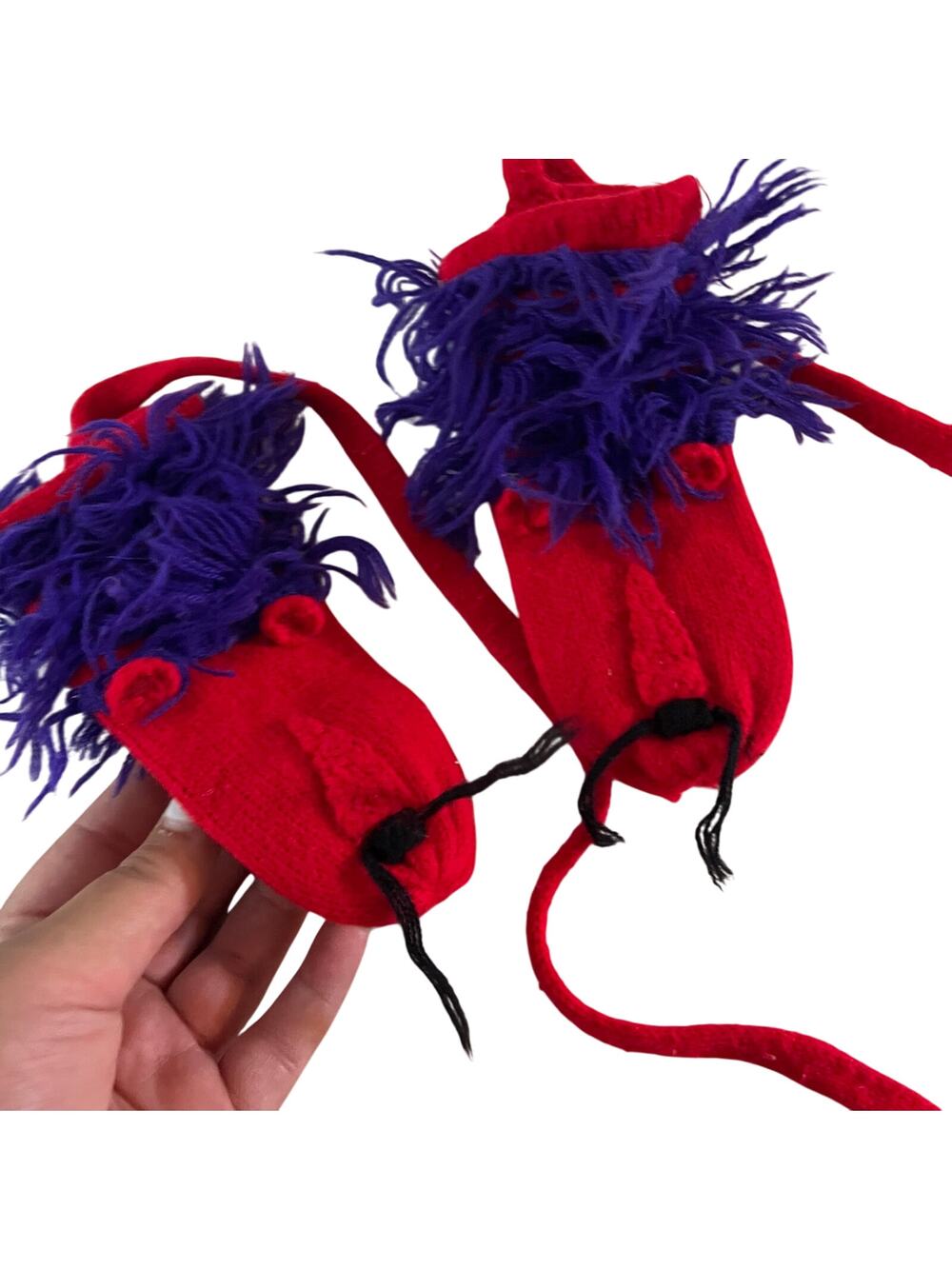 Vtg Red Kids Corded Mittens Knit Lion Animal